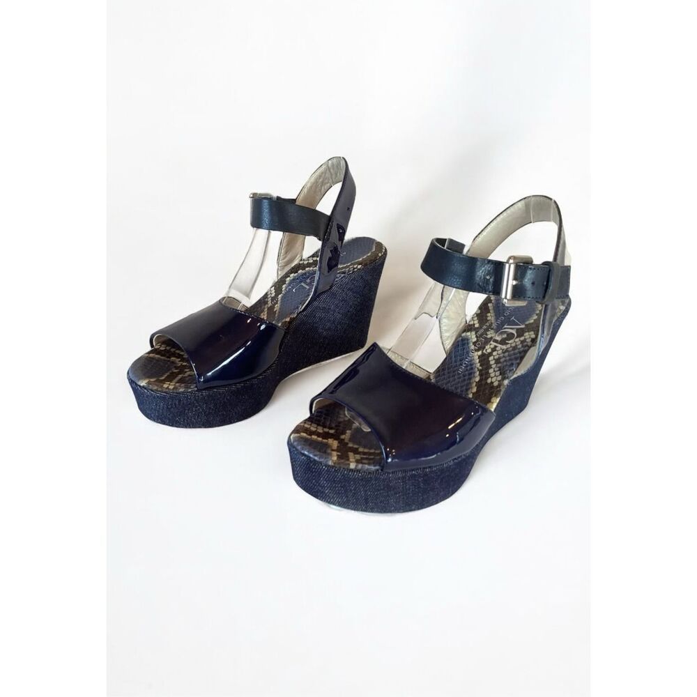 Agl Attilio Giusti Leombruni Womens 9,5 Blue Patent Leather Denim Wedge Sandals